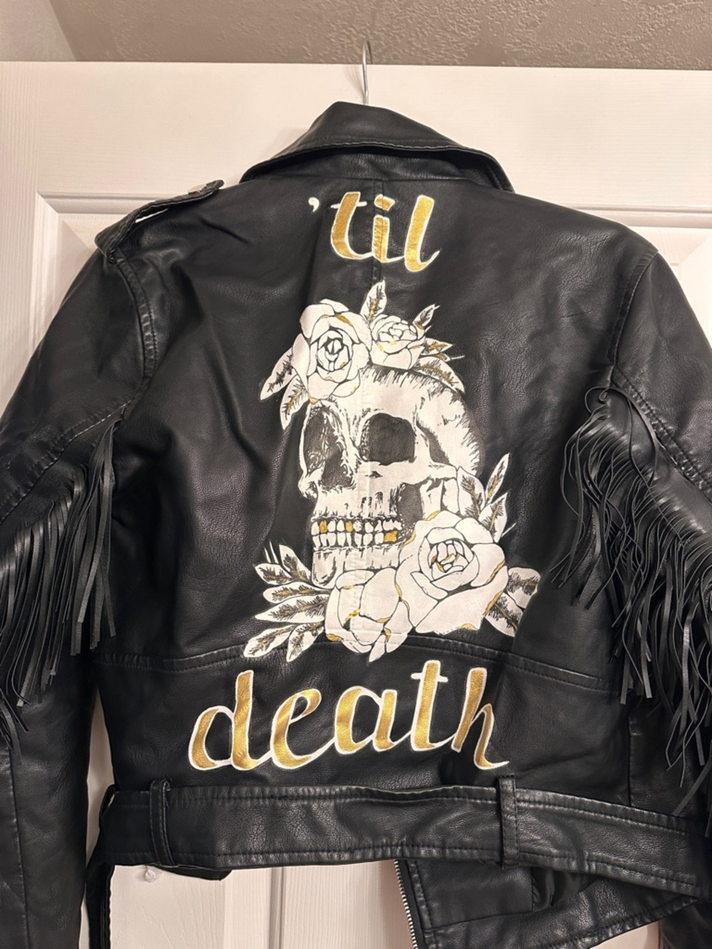 Hand painted wedding jacket, fringe motorcycle jacket, vegan leather